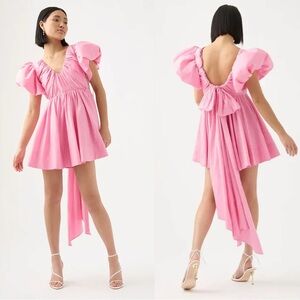 Aje Gretta Bow Back Flared Puff Sleeve Mini Dress in Pink